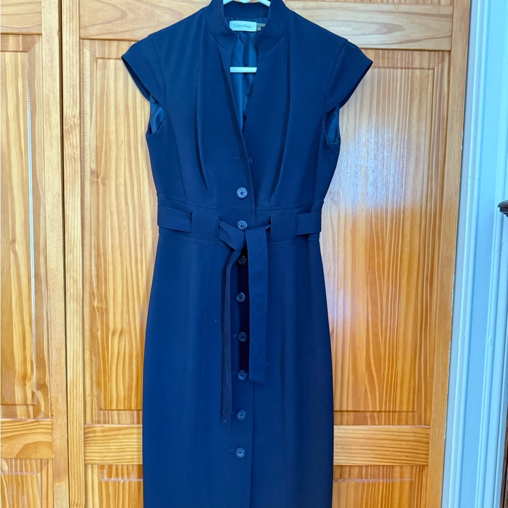 Calvin Klein Blue Sheath Midi Dress with Tie Front